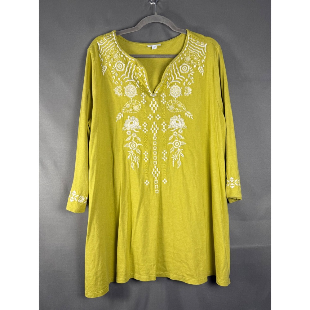 J. Jill Tunic Top Women XL Green Embroidered Split Neck 3/4 Sleeve Boho